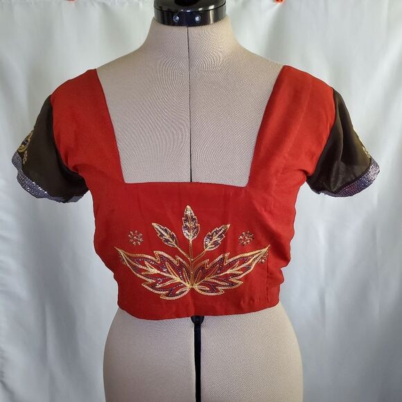 Handmade Women’s Saree & Choli Small Red Brown Silver Gold Embroidered Sequins - Picture 5 of 11